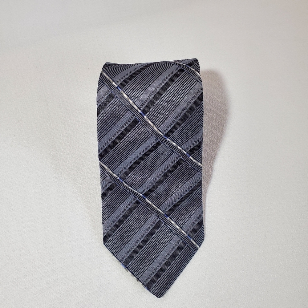 Hart Schaffner Marx Tie Gray Black & Blue Striped Silk Necktie